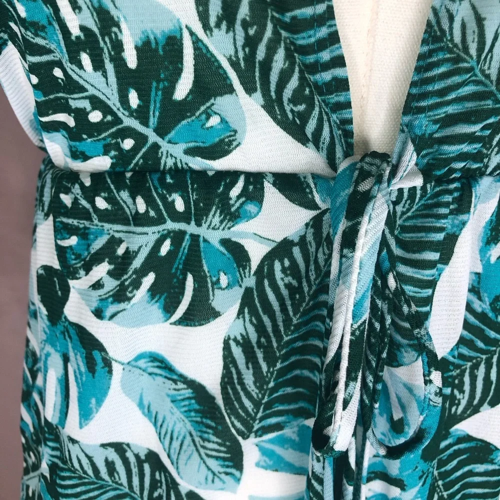 Swimsuit Cover-up Tropical Leaf Print Teal Tie-Front Size XS